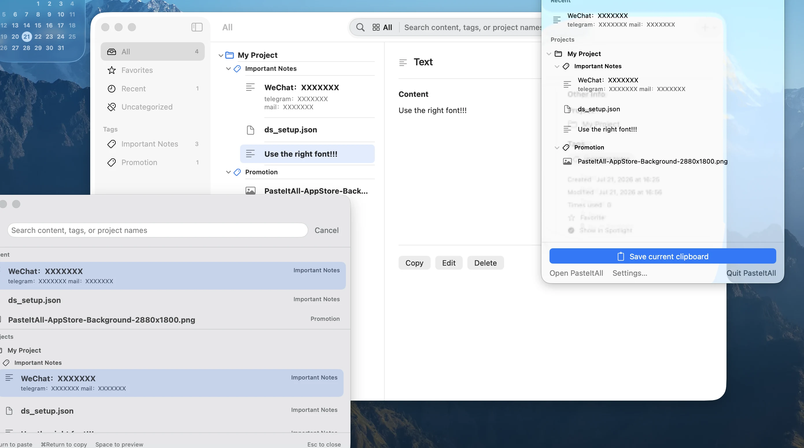 PasteItAll main library, Quick Picker, and menu bar working together
