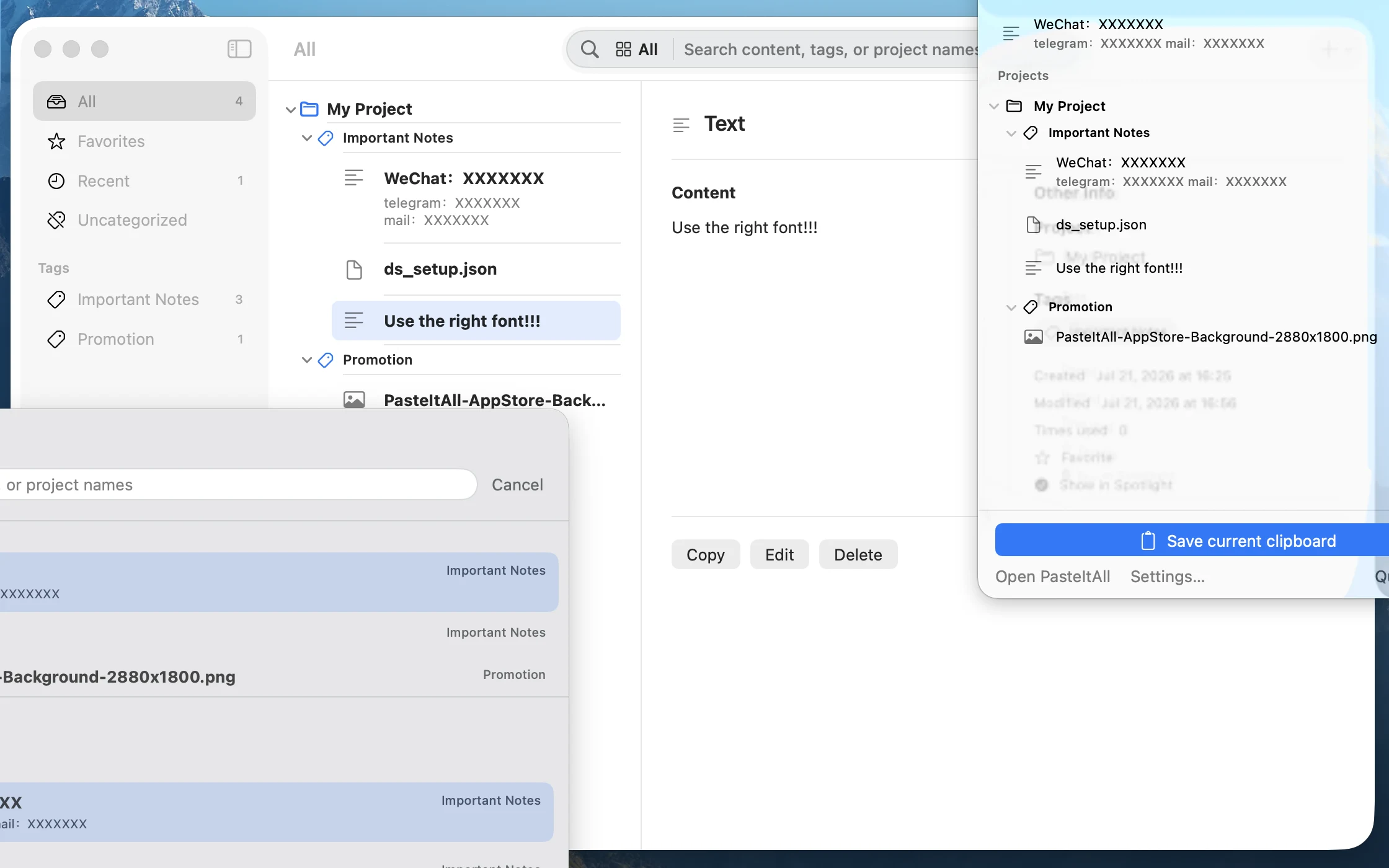PasteItAll library organizing saved items by project, tag, and content