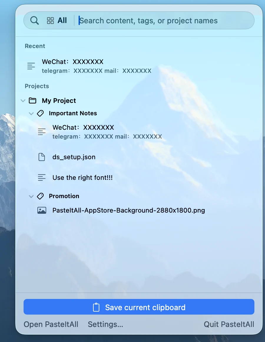 PasteItAll menu bar window with search and Save Current Clipboard