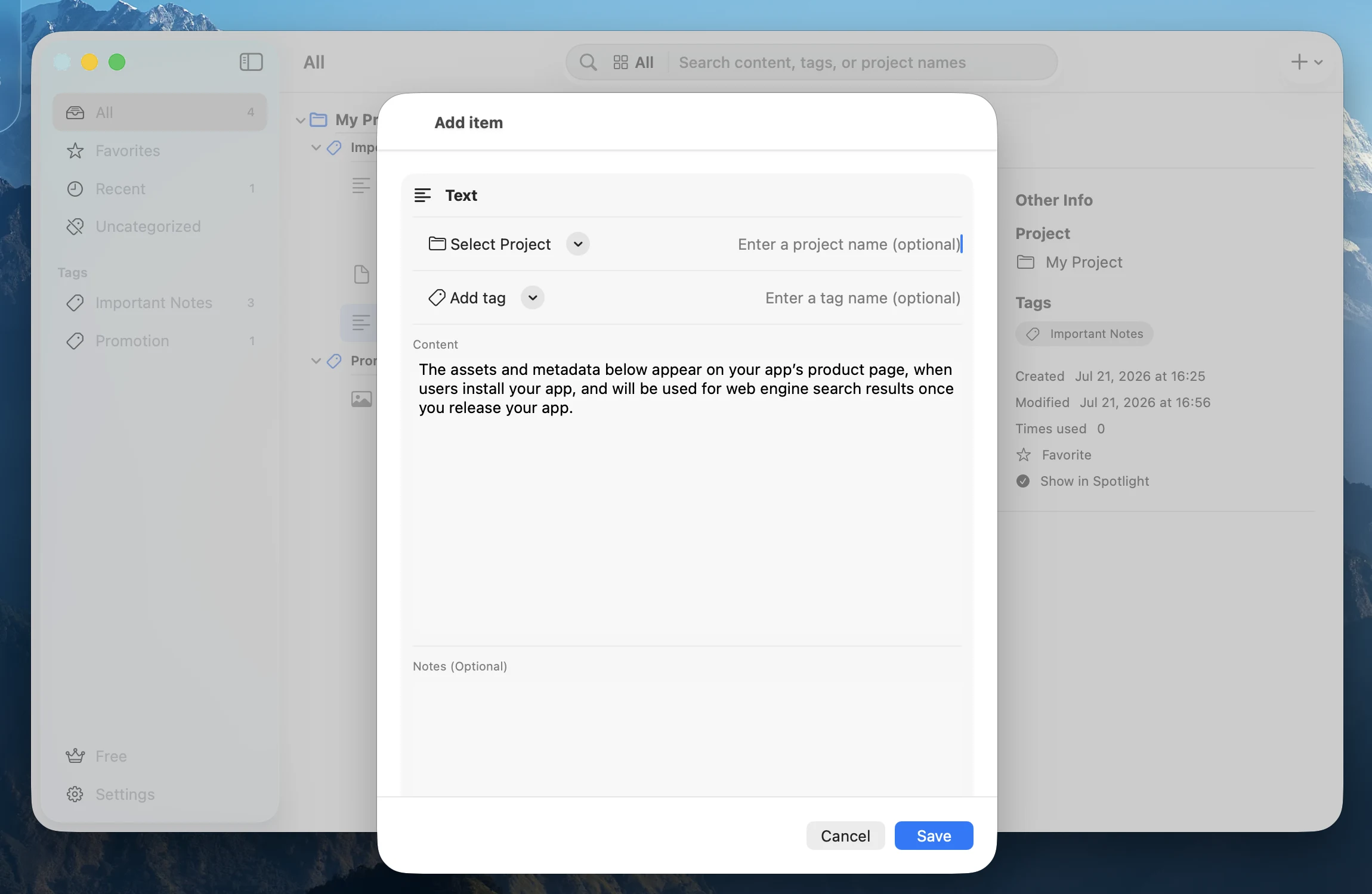 PasteItAll save sheet with project, tag, content, and notes fields