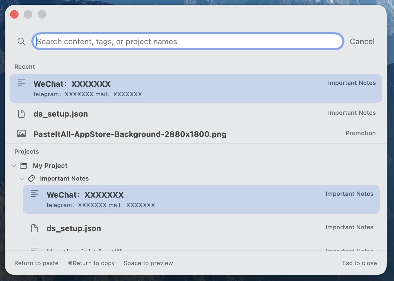 PasteItAll Quick Picker searching saved items by project, tag, and content